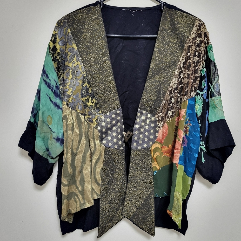 Sterling Styles Boho Patchwork Kimono Jacket Mixed Media Lagenlook Festival